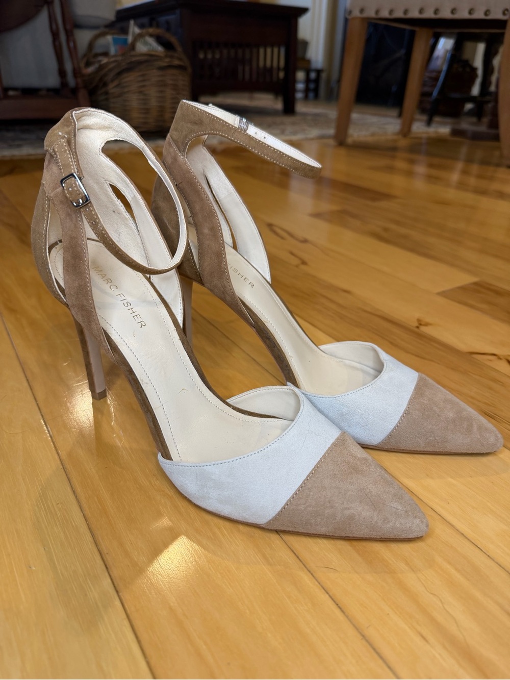 Marc Fisher Two-Tone Suede Pointed-Toe Ankle-Strap Heels in Tan and Cream